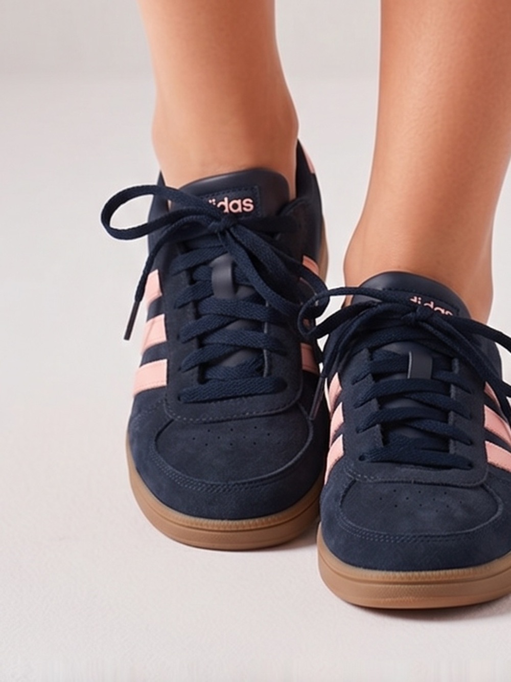 adidas Women's Navy Suede Sneakers with Pink Stripes CloudFoam plus NEW